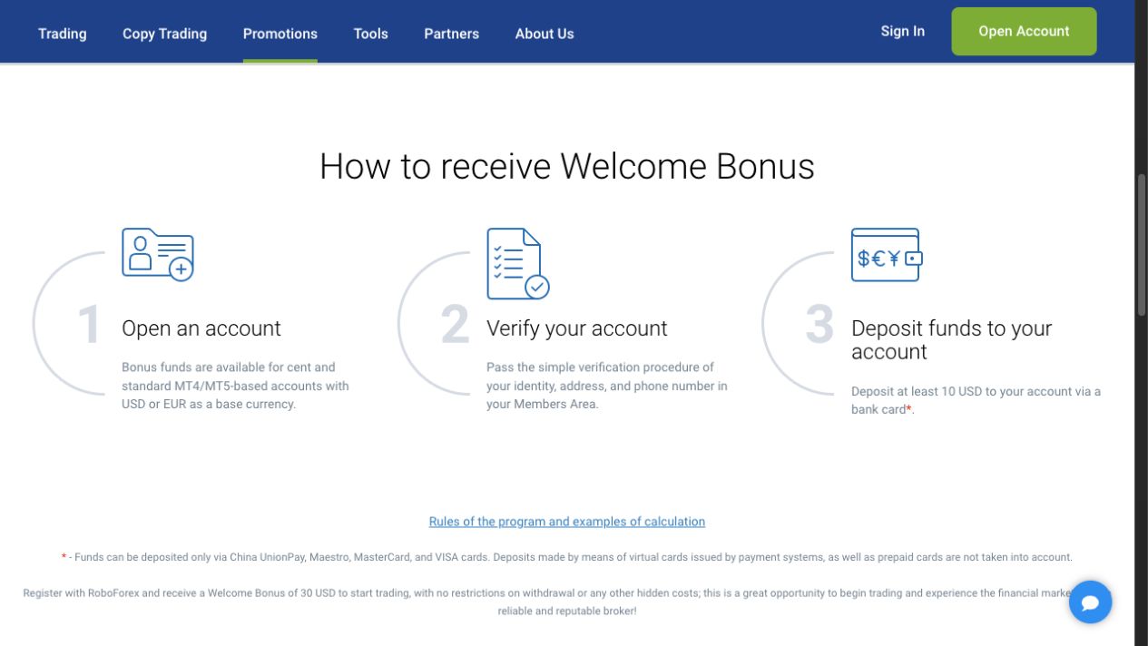 Official welcome-bonus steps show account verification and a qualifying card deposit. The detailed funding and withdrawal conditions still apply.